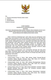 Image of Surat Edaran Nomor HK.02.01/MENKES/335/2020 Tentang Protokol Pencegahan Penularan Corona Virus Disease (Covid-19) di Tempat Kerja Sektor Jasa dan Perdagangan (Area Publik) Dalam Mendukung Keberlangsungan Usaha